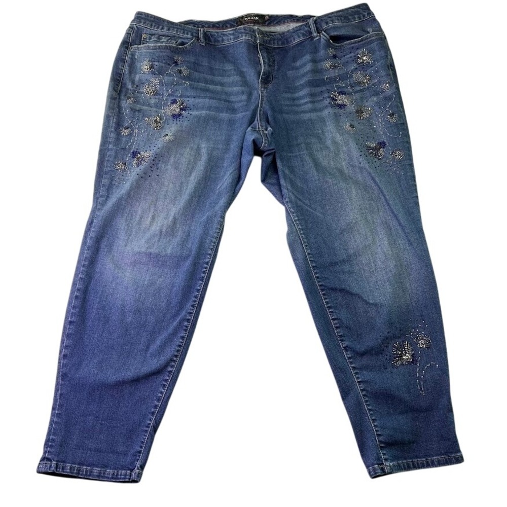 Torrid Boyfriend Jeans Womens Plus Size 26R Blue‎ Medium Wash Floral Embroidered